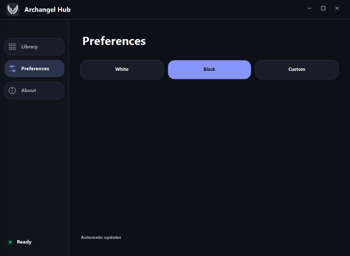 Archangel Hub in black mode, showing appearance preferences