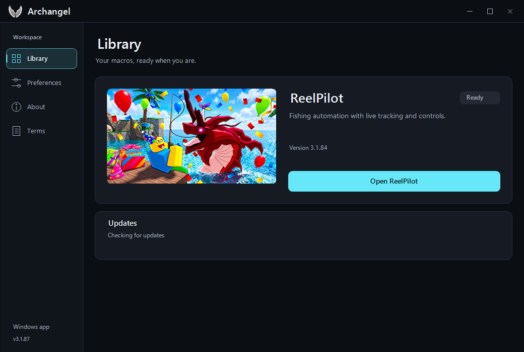 Archangel Hub 3.1.87 library with ReelPilot 3.1.84 and navigation for preferences, about, and terms