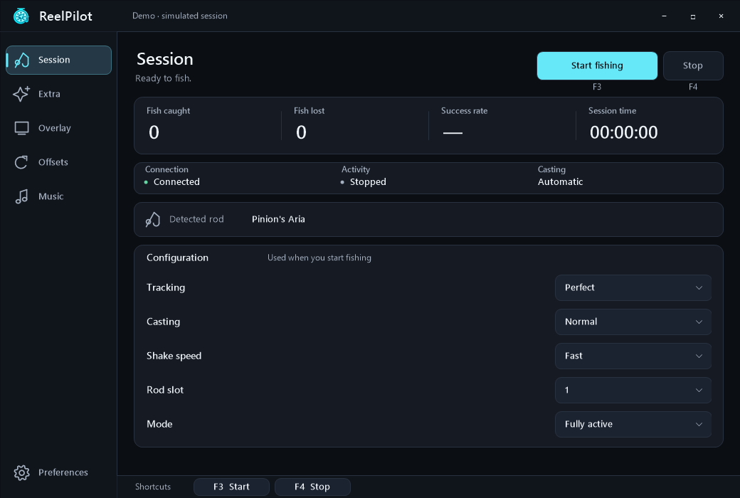 ReelPilot Session interface with start and stop controls, tracking options, and labeled simulated session data